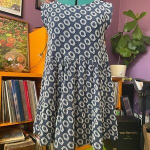 Anthropologie Navy Blue Babydoll Dress with White Circle Print